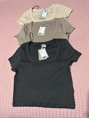 H&M Scoop-Neck Ribbed Crop Tops in Dark Gray , Light Taupe, Light Be(Set of 3)